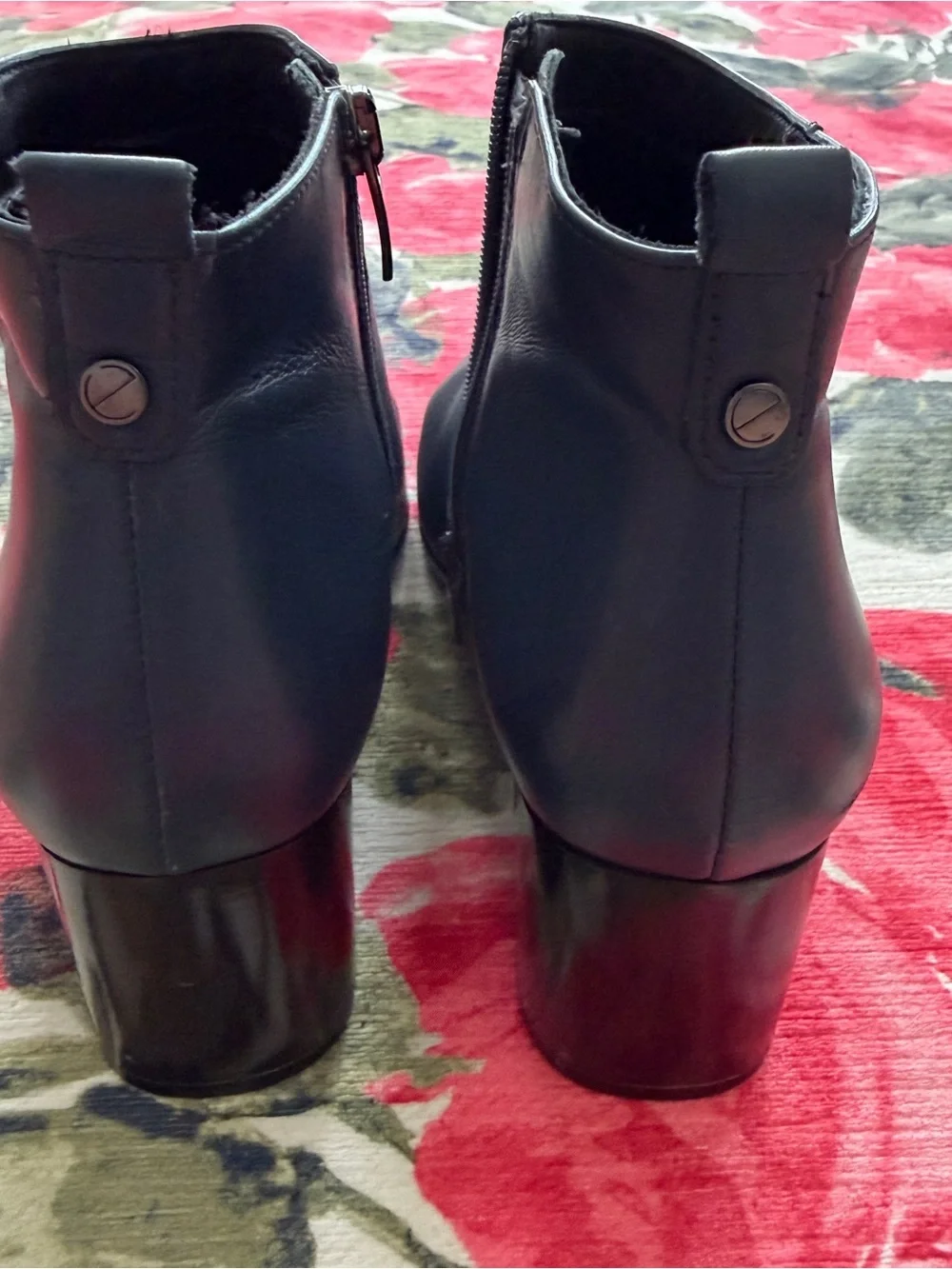 Ecco Navy Blue Pointed Leather Ankle Booties with Side Zipper